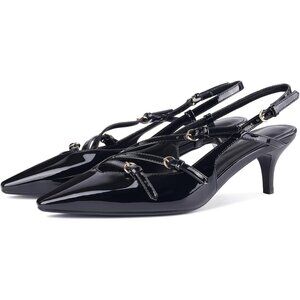 Women's Black low Slingback Pointed Toe Stiletto Buckle Strap Low Heel